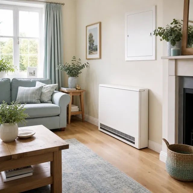 Electric storage heater on a living-room wall