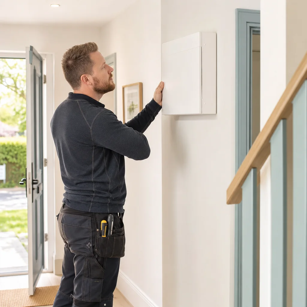 TRACEFORM electrician checking a consumer unit above a doorway