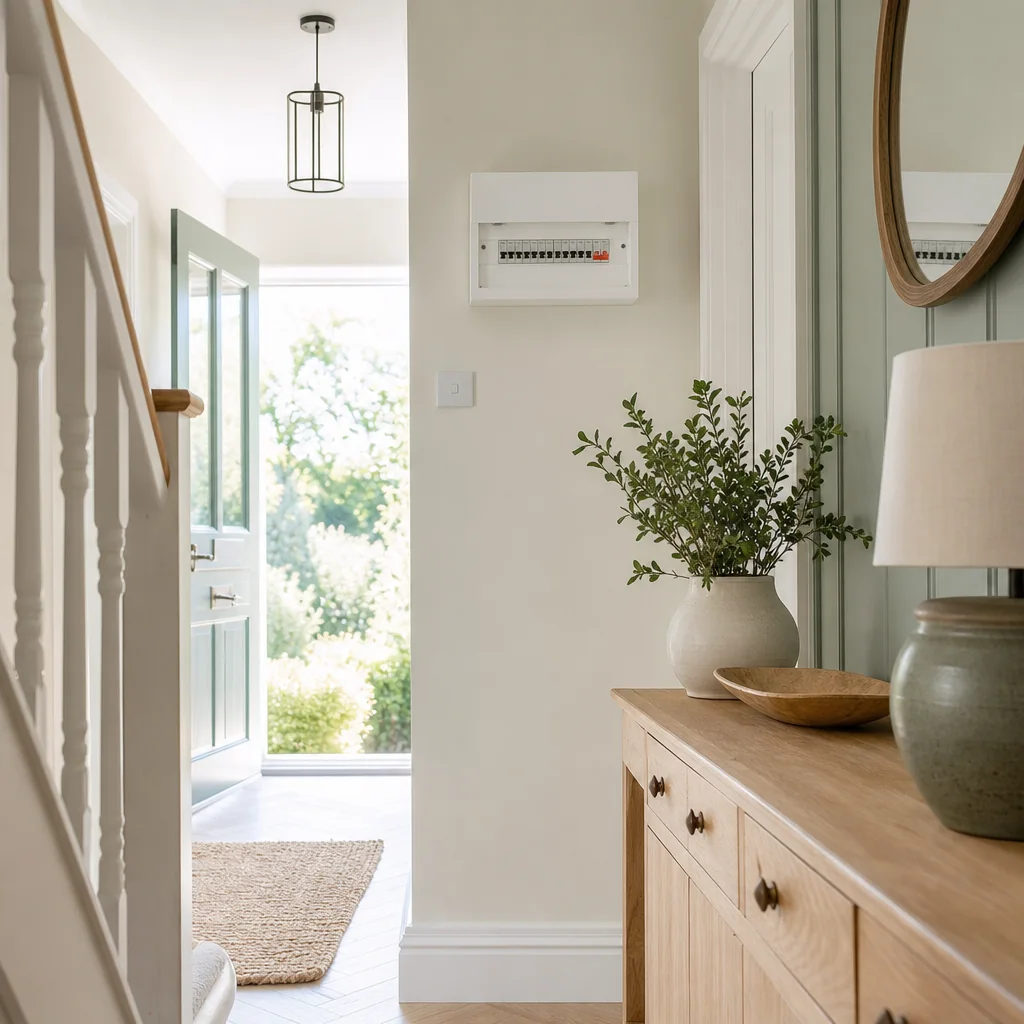 Consumer unit on a hallway wall by the front door in daylight