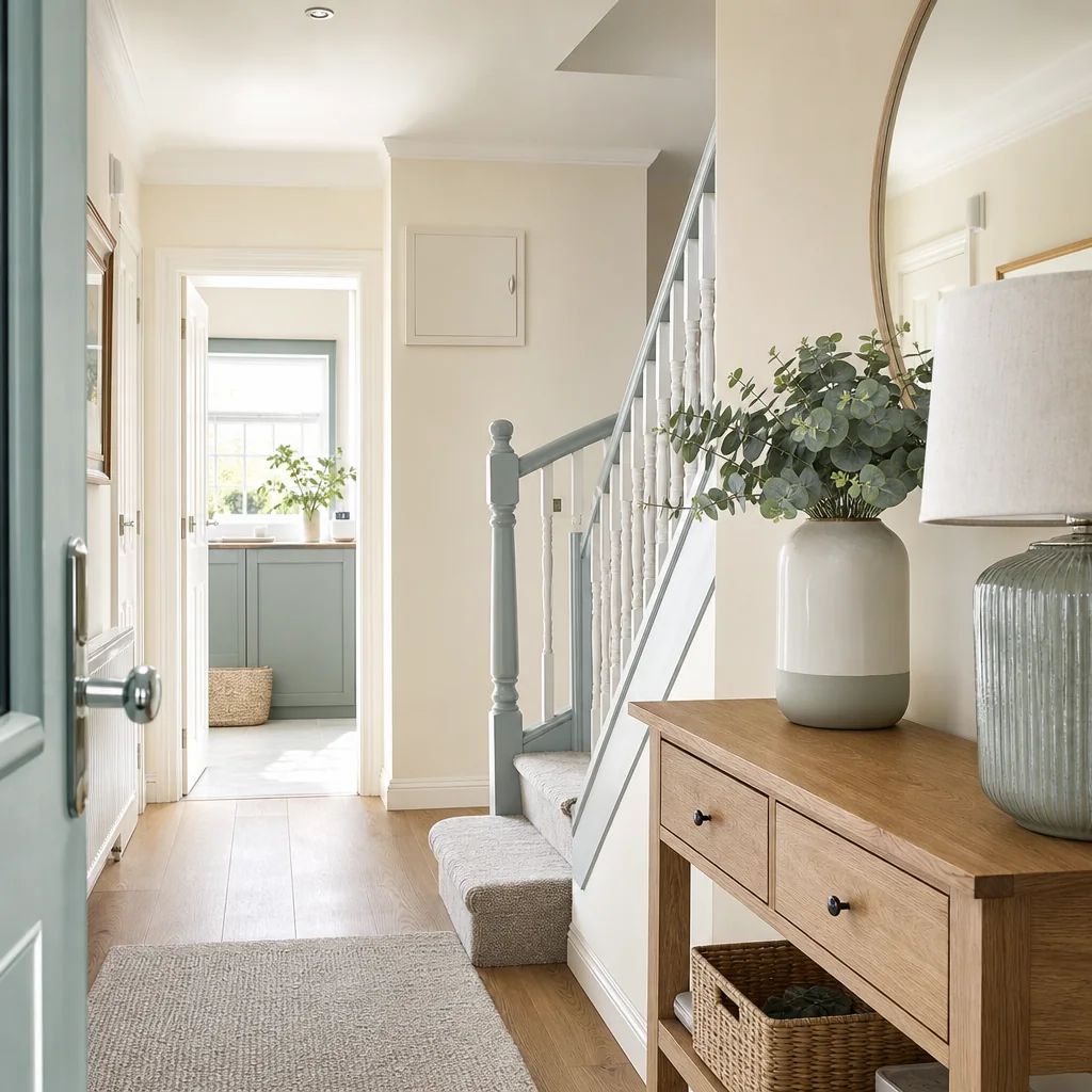Bright hallway with the front door open and stairs behind