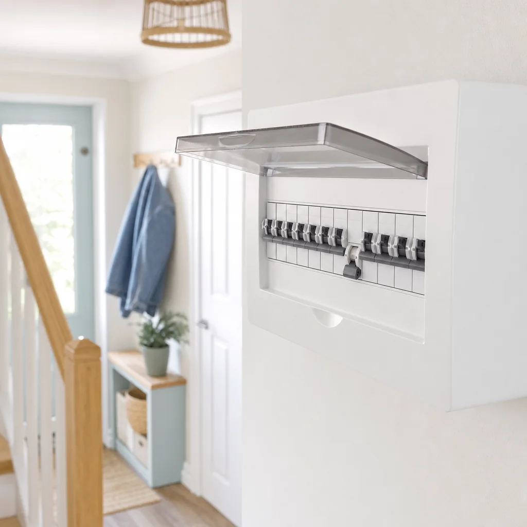 Consumer unit on a landing wall photographed at night