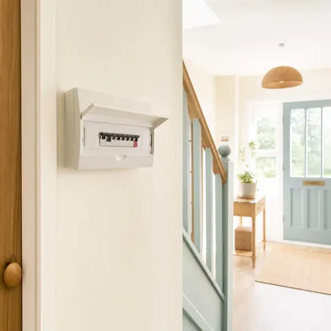 Consumer unit on a hallway wall near the stairs