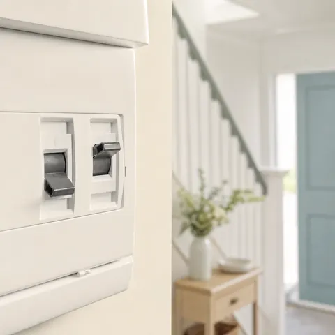 Consumer unit on a landing with one breaker in the off position