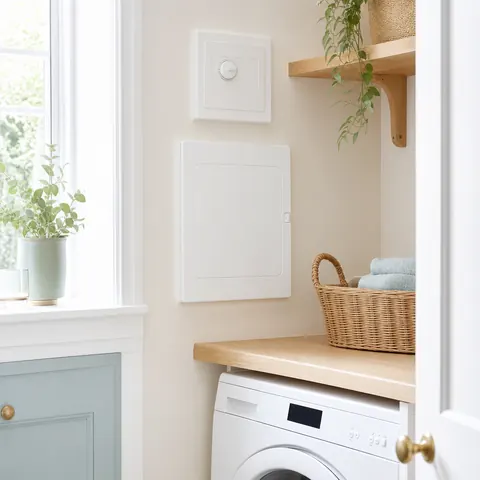 Consumer unit on a landing wall beside a window