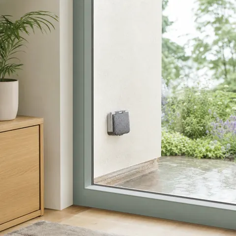 Outdoor socket cover on a wall beside an open door in the rain