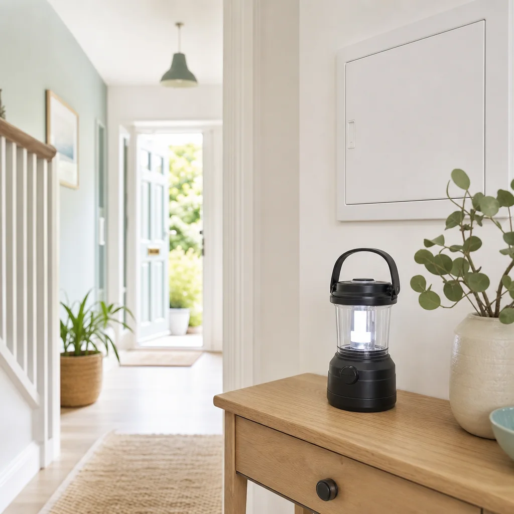 Battery lantern on a hallway table with a woman in the background