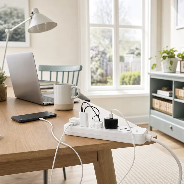Laptop and phone chargers plugged into an extension lead on a desk