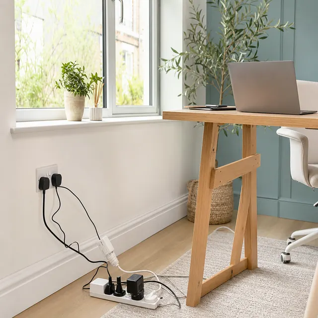 Two extension leads plugged into each other under a desk