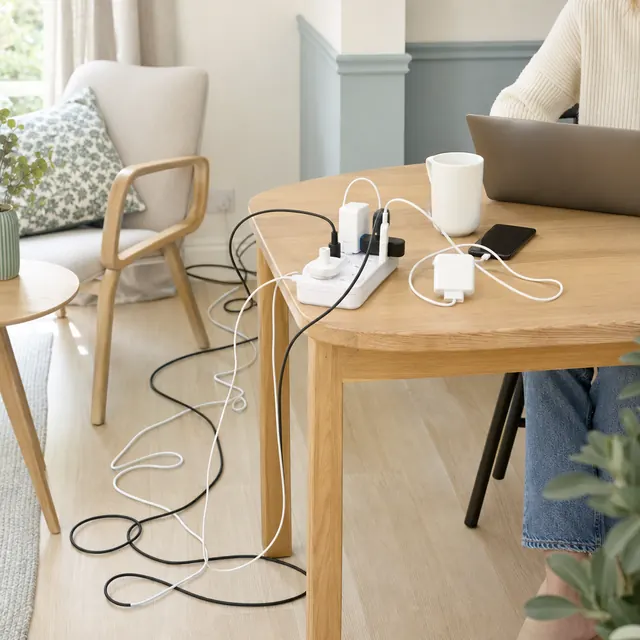 Frayed extension lead flex running under a kitchen table