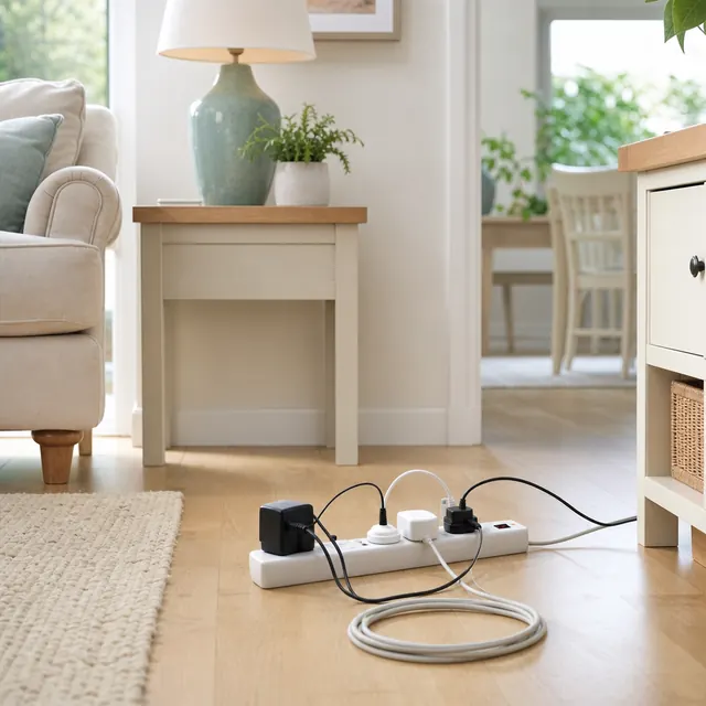 Extension lead trapped under a rug behind a sofa