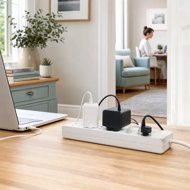 Laptop charger plugged into a worn extension lead socket