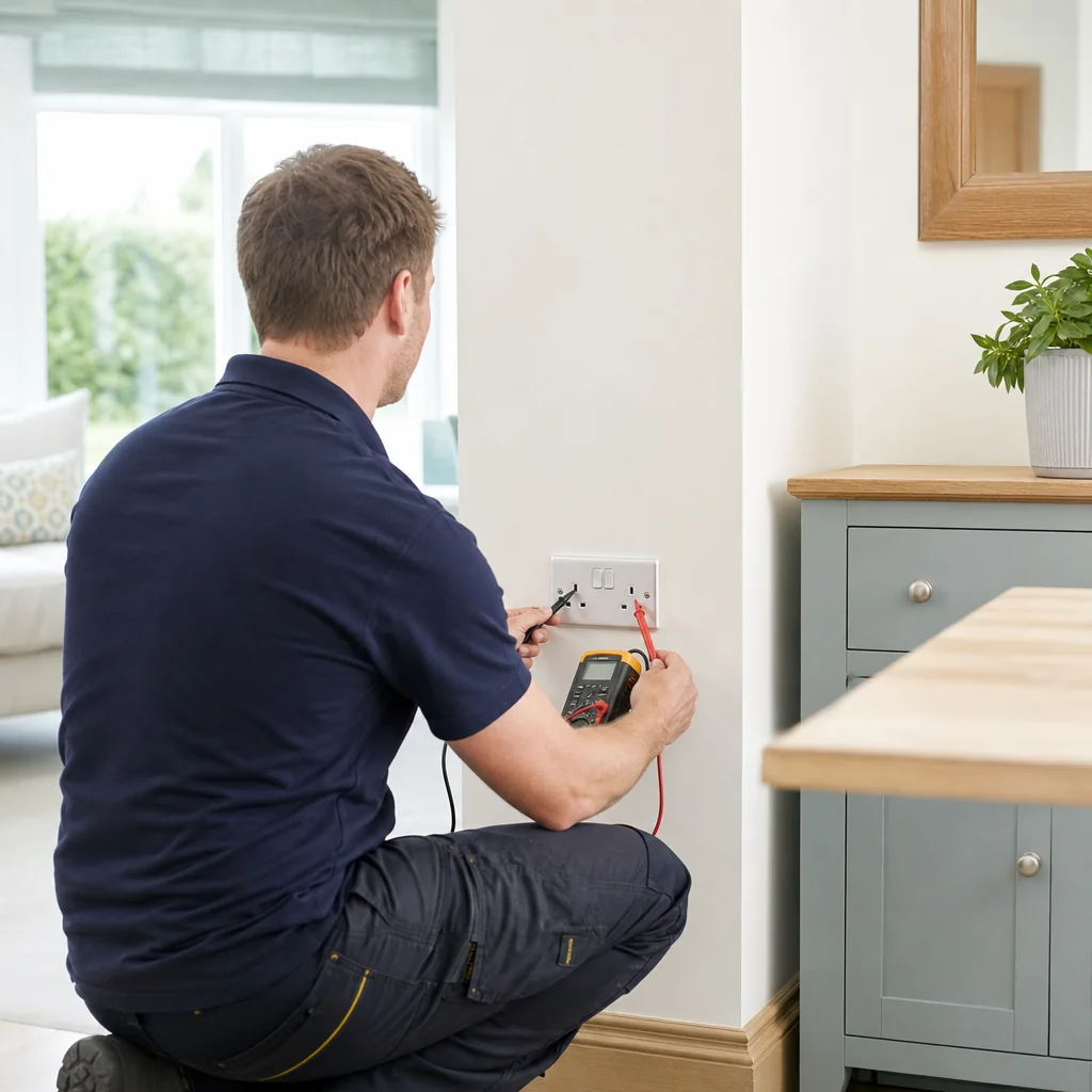 Electrician testing a kitchen socket with a voltage tester