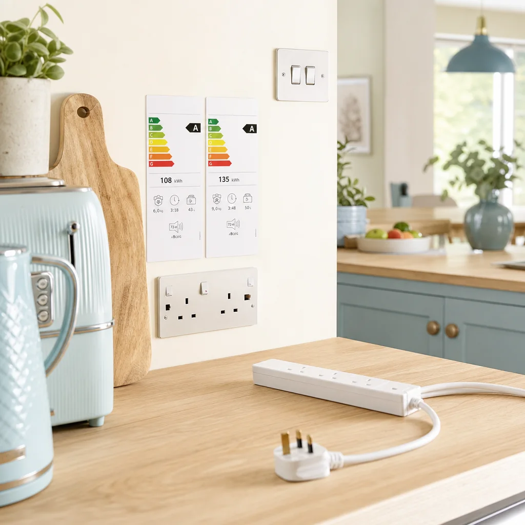 Kettle and toaster on a kitchen worktop with an extension lead