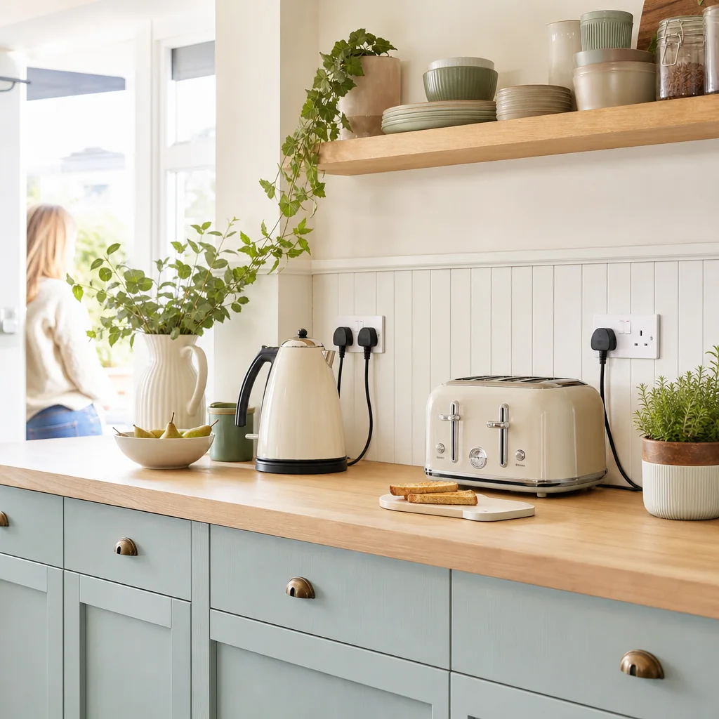 Kettle and toaster on a kitchen worktop with the socket switched off