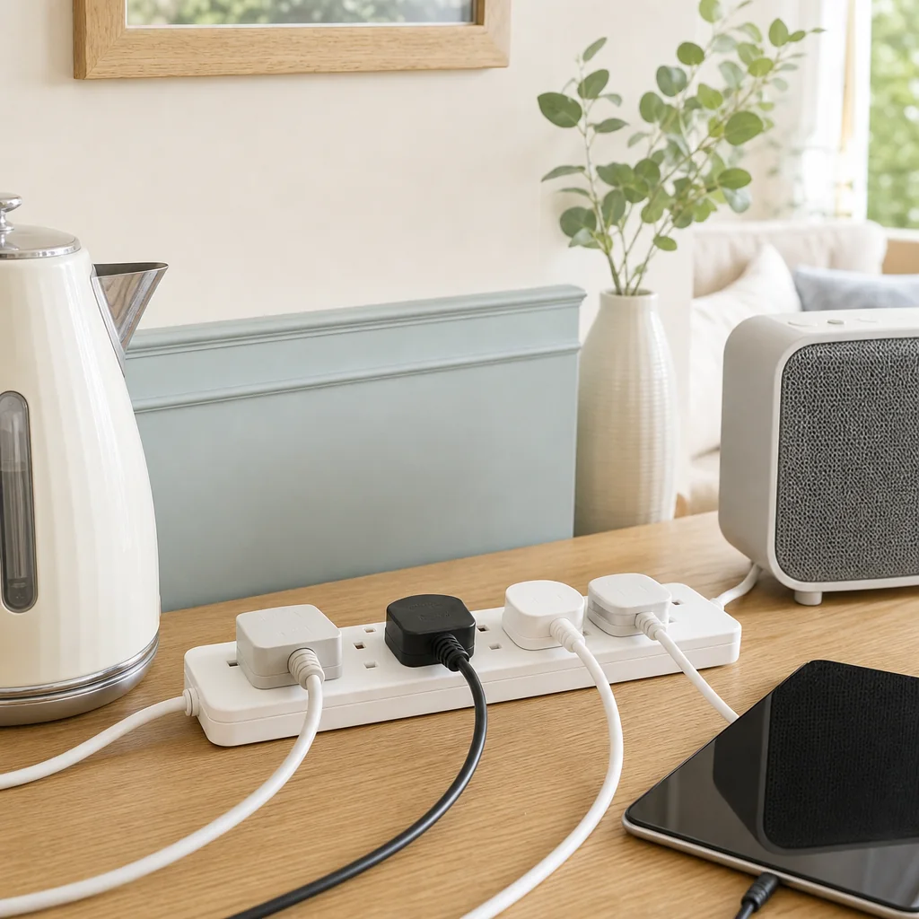 Kettle and heater plugged into an overloaded extension lead