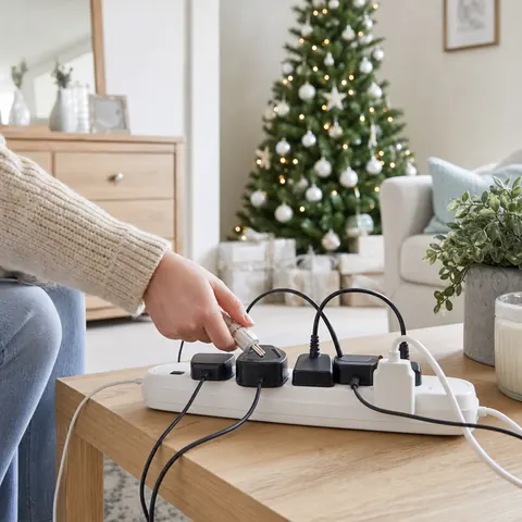 Hand plugging Christmas tree lights into a crowded extension lead