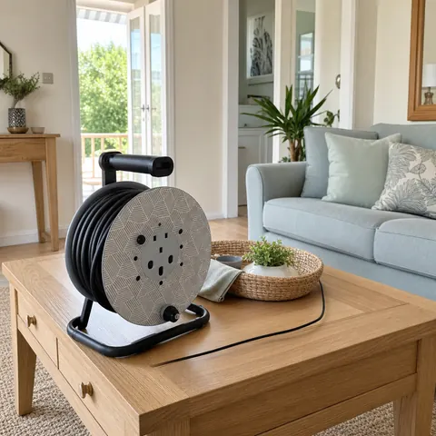 Cable reel still coiled up on a living-room floor