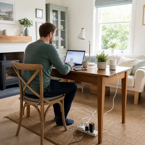 Man at a desk with a laptop and several devices on one extension lead