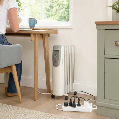 Oil-filled radiator plugged into a wall socket in a bright room