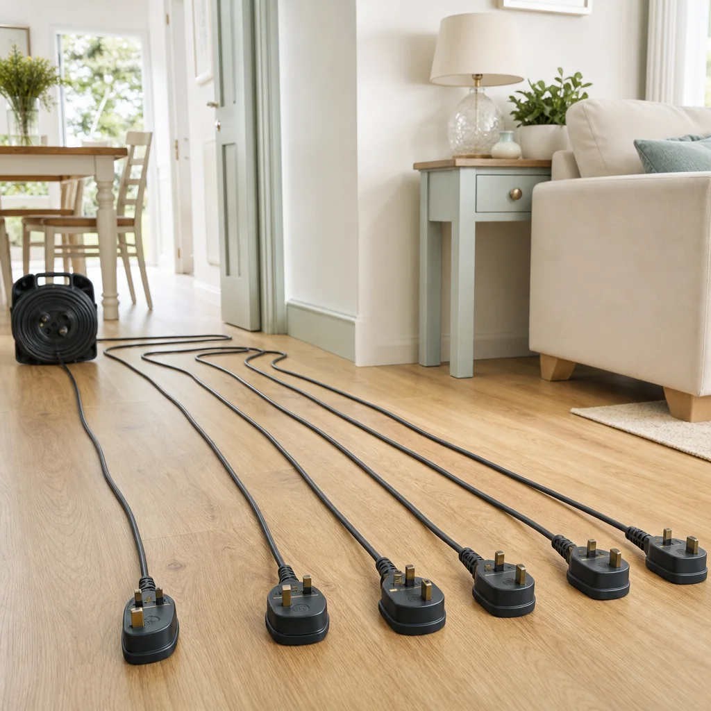 Extension lead cables run across a living-room floor