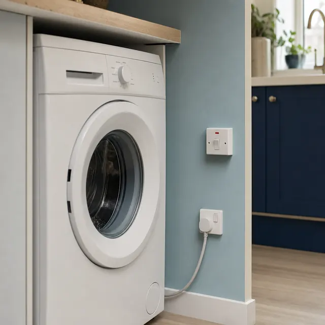 Washing machine in a utility room beside a wall socket