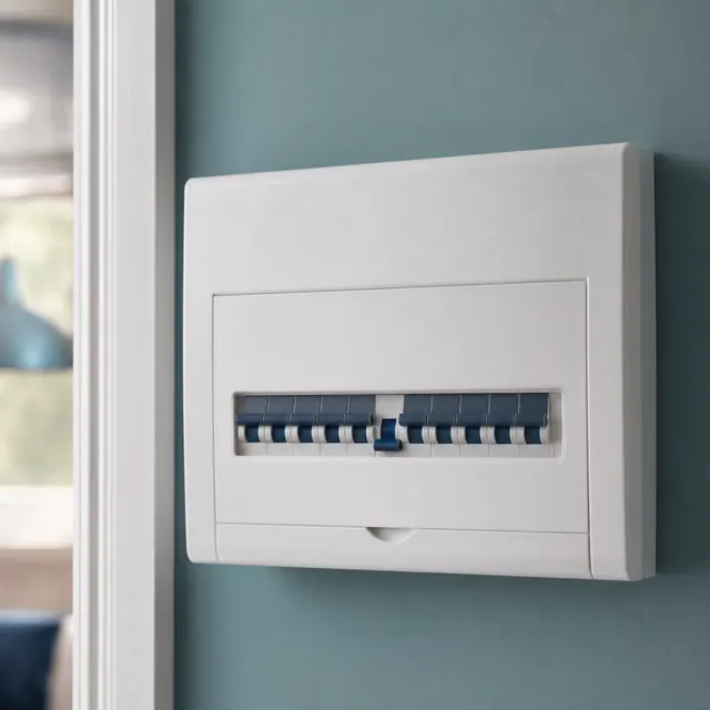 Consumer unit on a wall with a single breaker tripped