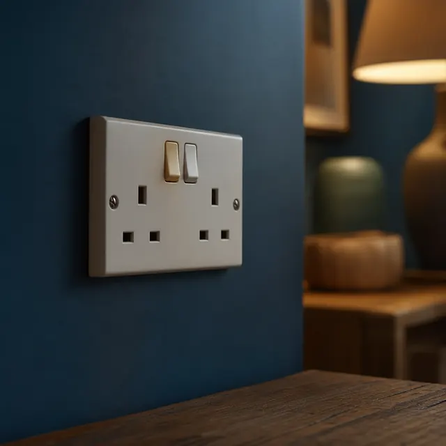 Double socket on a dark blue wall