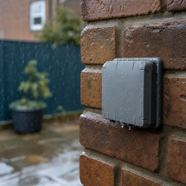 Outdoor socket cover on a brick wall in the rain