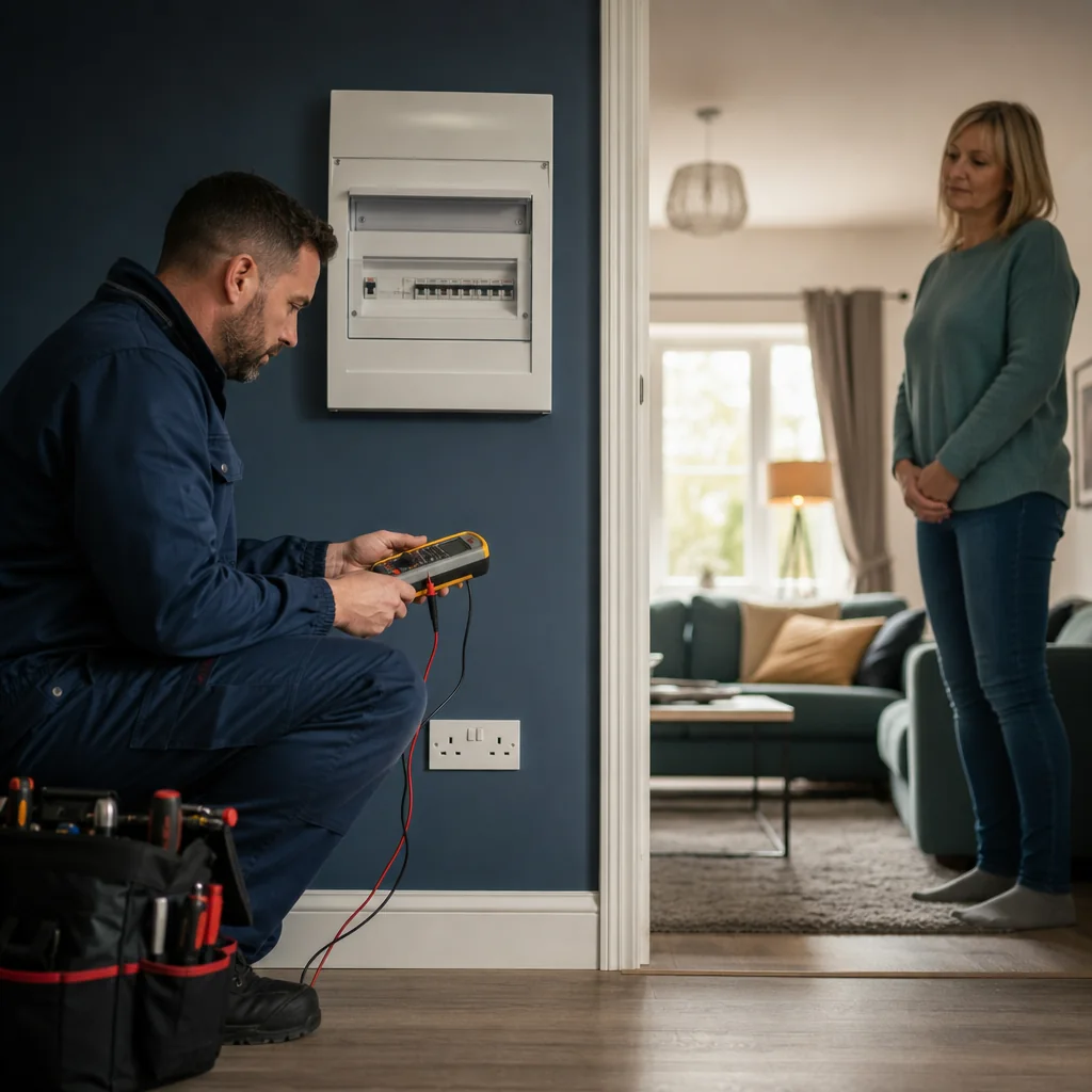 TRACEFORM electrician testing a consumer unit in a living room