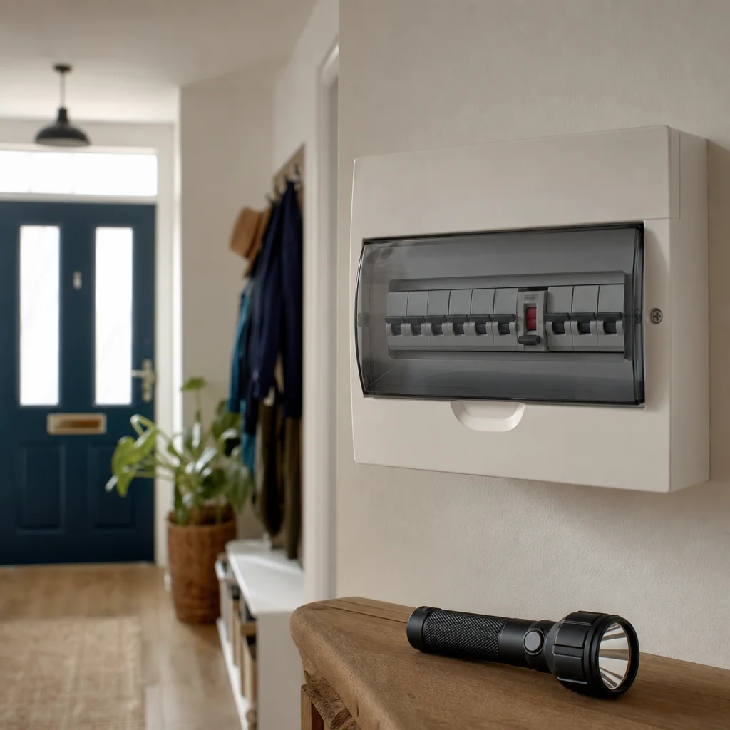 Consumer unit mounted by a front door with coats hanging nearby