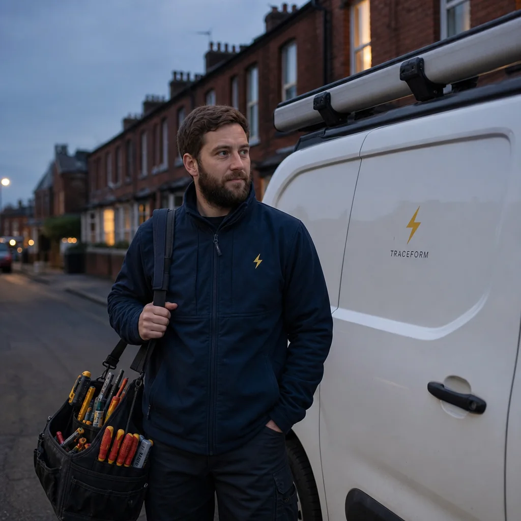 TRACEFORM electrician carrying a tool bag away from the van at dusk