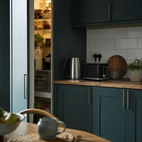 Kitchen worktop with a kettle and toaster plugged in