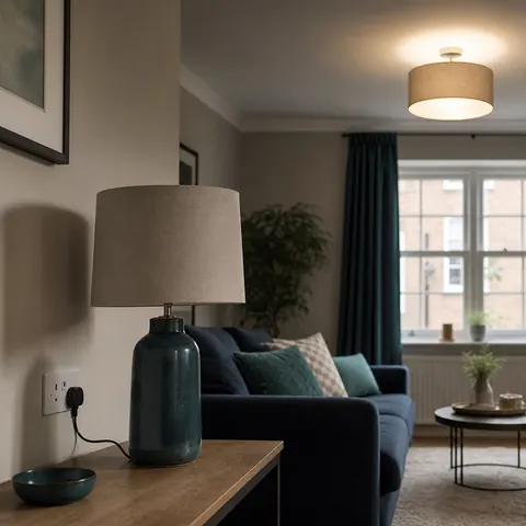 Table lamp lit in a living room with the ceiling lights off