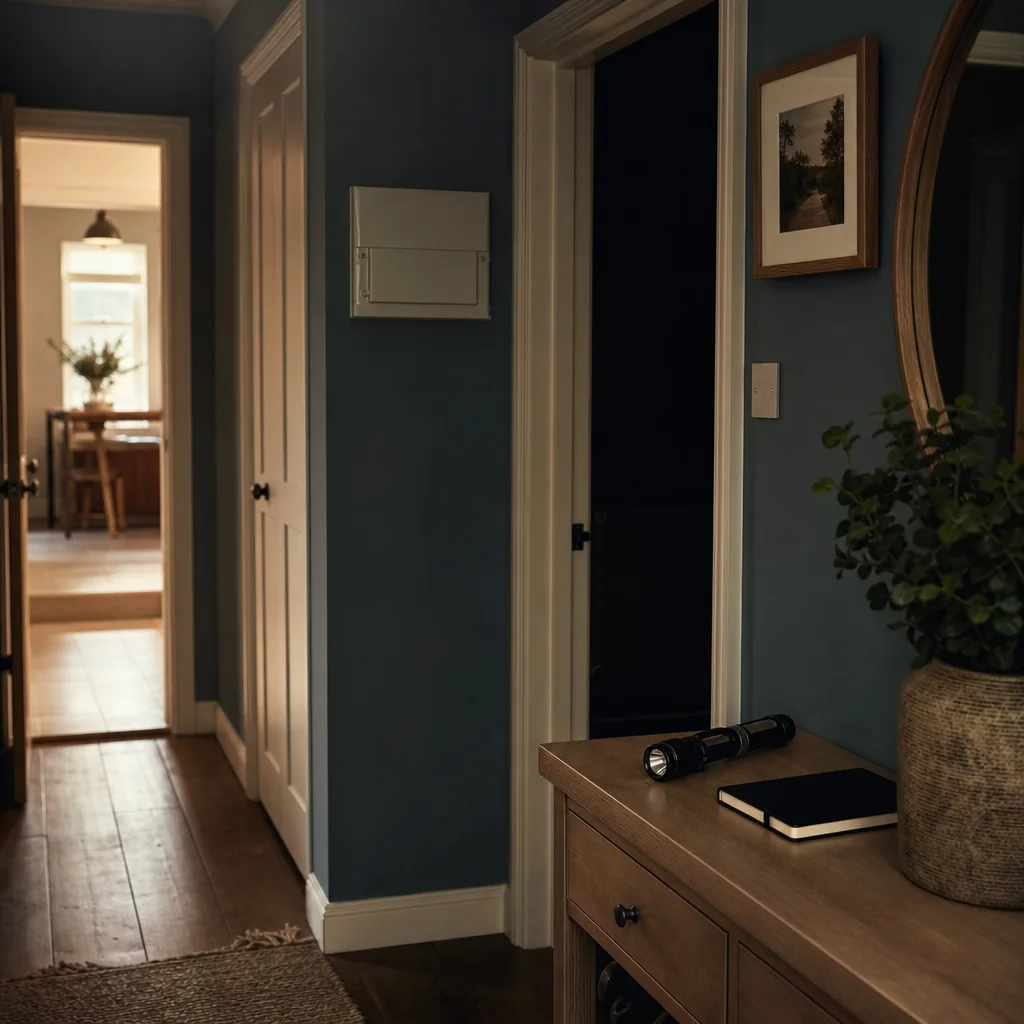 Torch and phone on a hallway table with a lamp lit behind