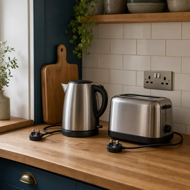 Kettle and toaster plugged in on a kitchen worktop