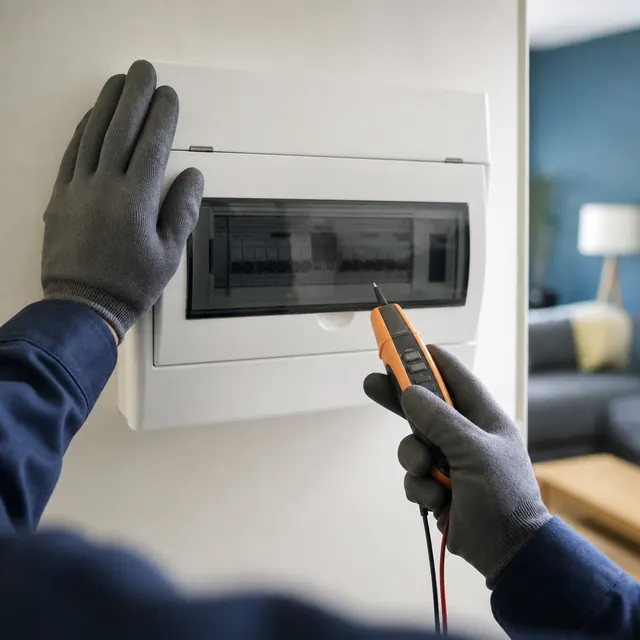 Gloved hand testing a consumer unit with a voltage tester