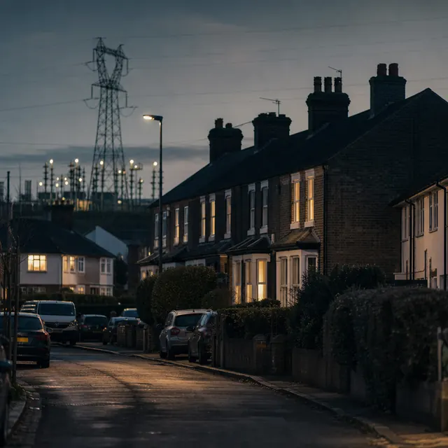 Terraced street in darkness during a power cut with a substation nearby