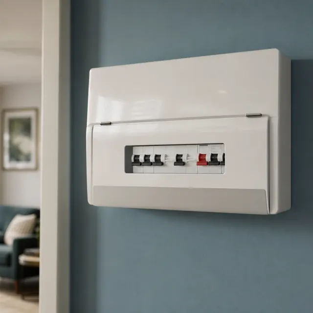 Consumer unit with the main switch and RCDs tripped