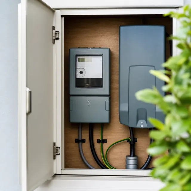 Electricity meter and service head on an external wall