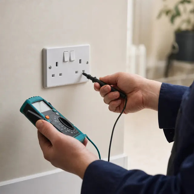 Electrician testing a wall socket with a multimeter