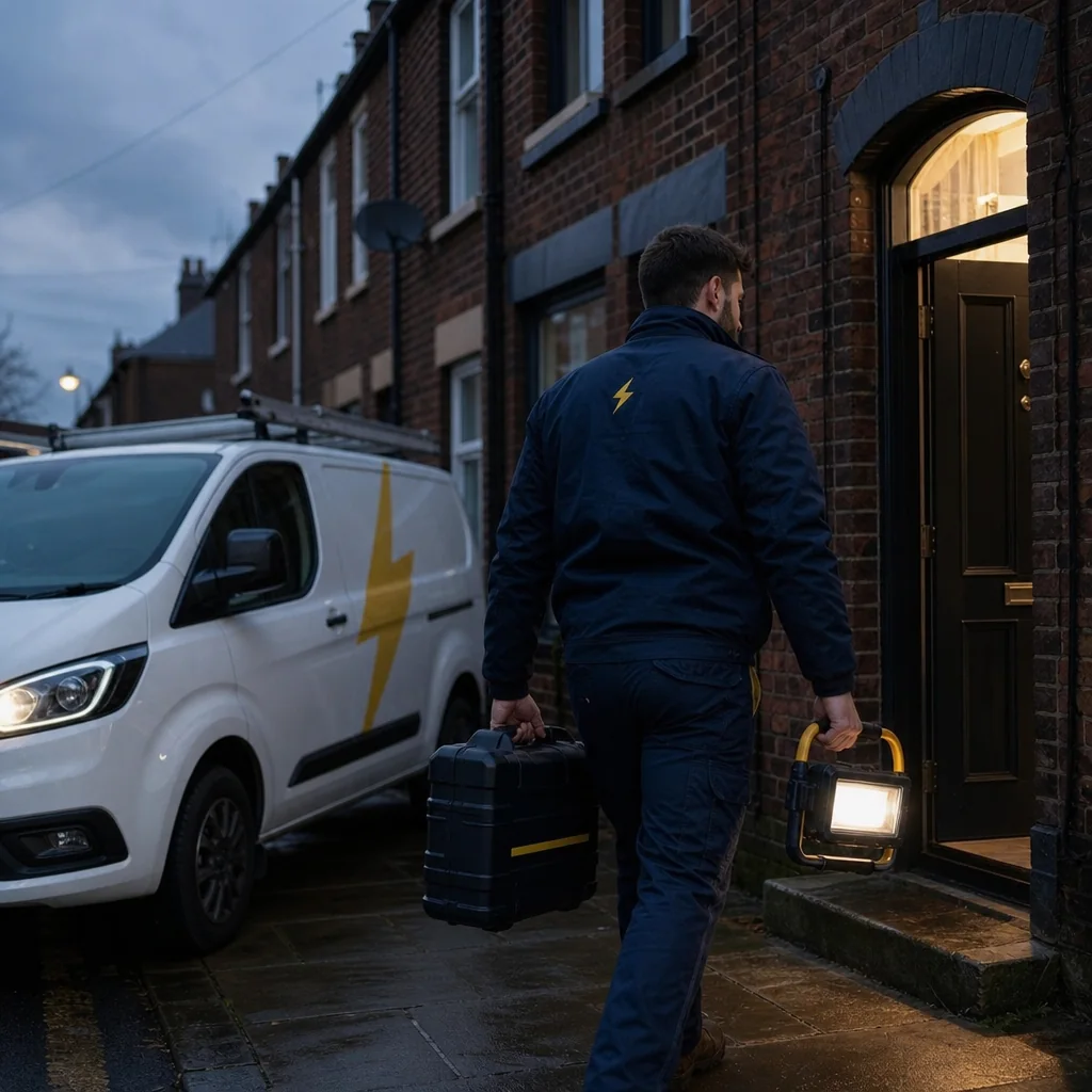 TRACEFORM electrician arriving at a front door at night with a torch