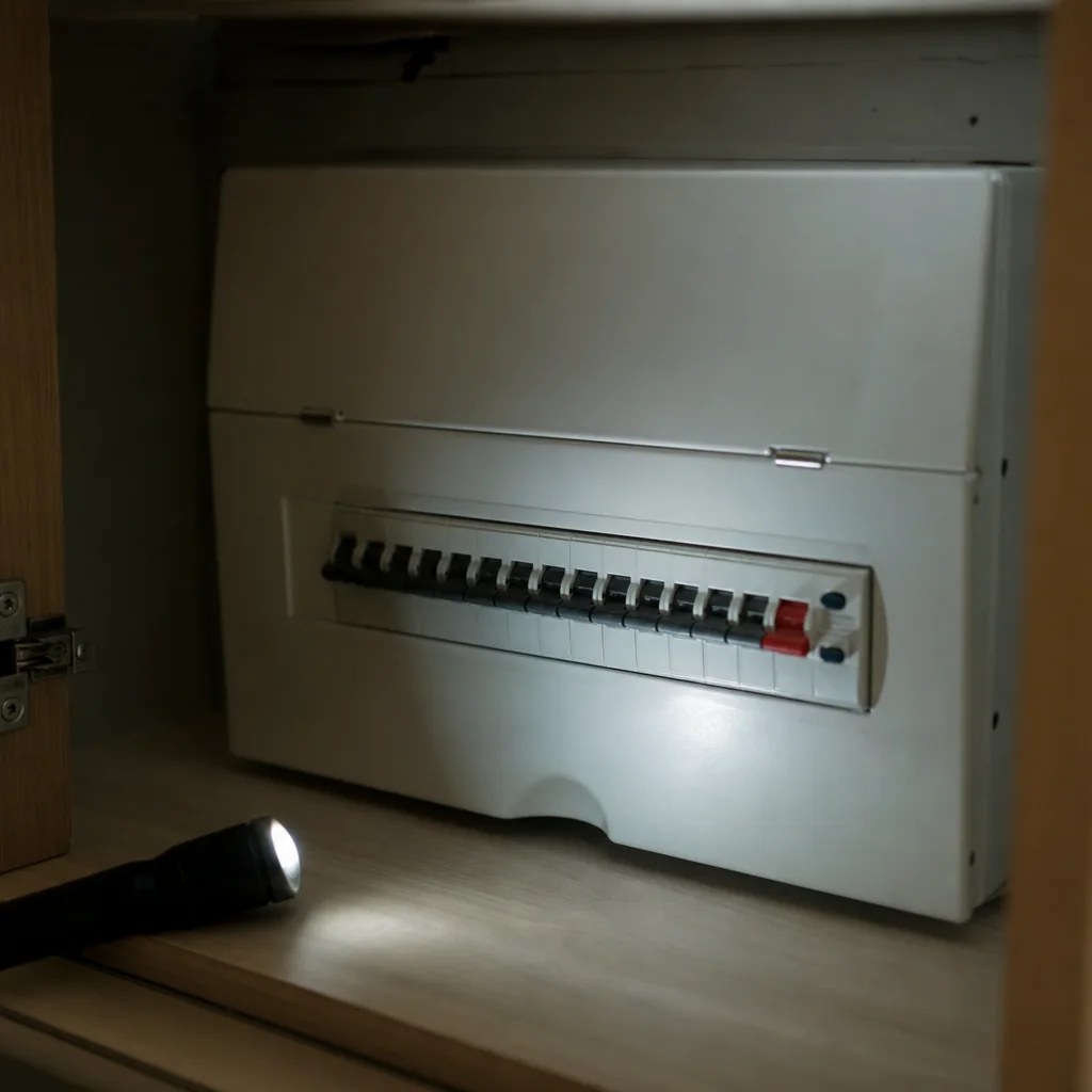 Older consumer unit on a wall with most breakers switched off