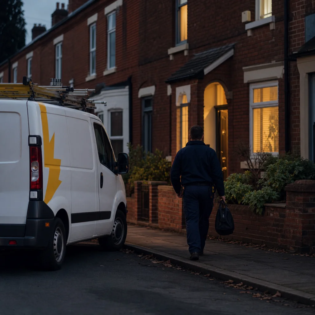 TRACEFORM van parked outside a terraced house at dusk