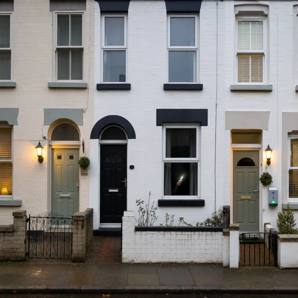 Row of terraced houses with one home lit and the neighbours in darkness