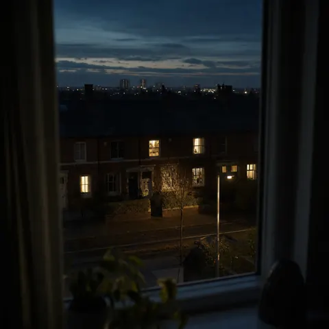 Dark street seen through a window during a power cut
