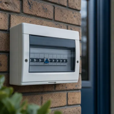 Small consumer unit on a hallway wall with a breaker tripped