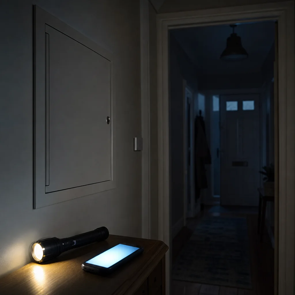 Dark hallway with the lights off during a power cut