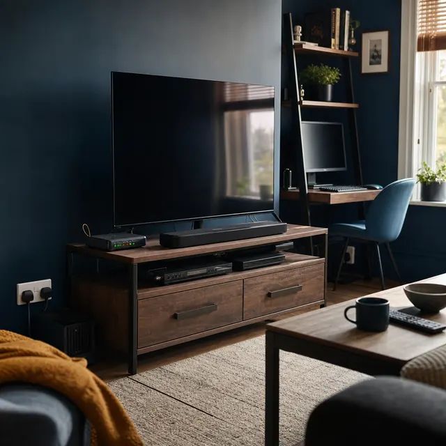 Living room with a TV, lamp and several appliances plugged in