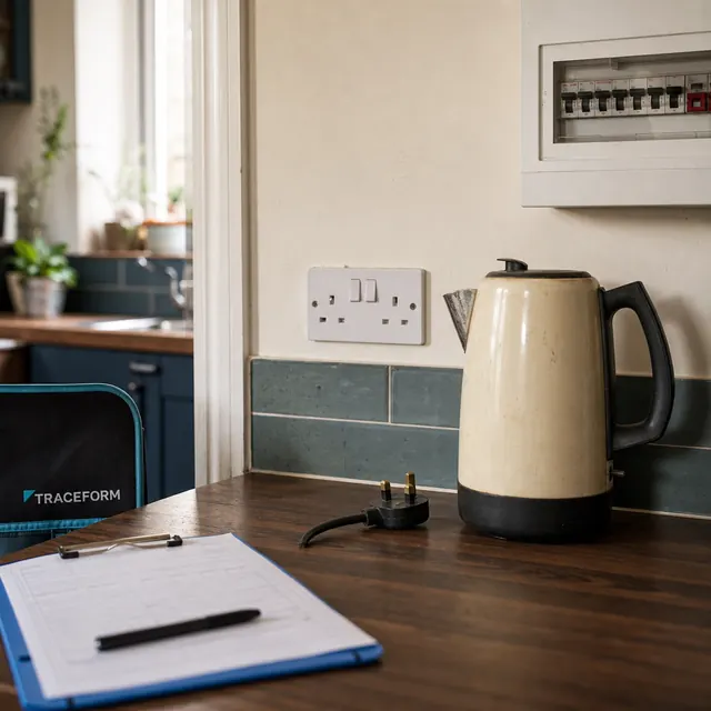 Cream kettle on a kitchen worktop beside a double socket
