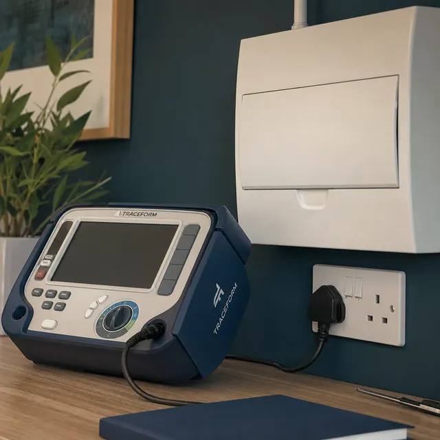 TRACEFORM RCD tester on a worktop below a consumer unit